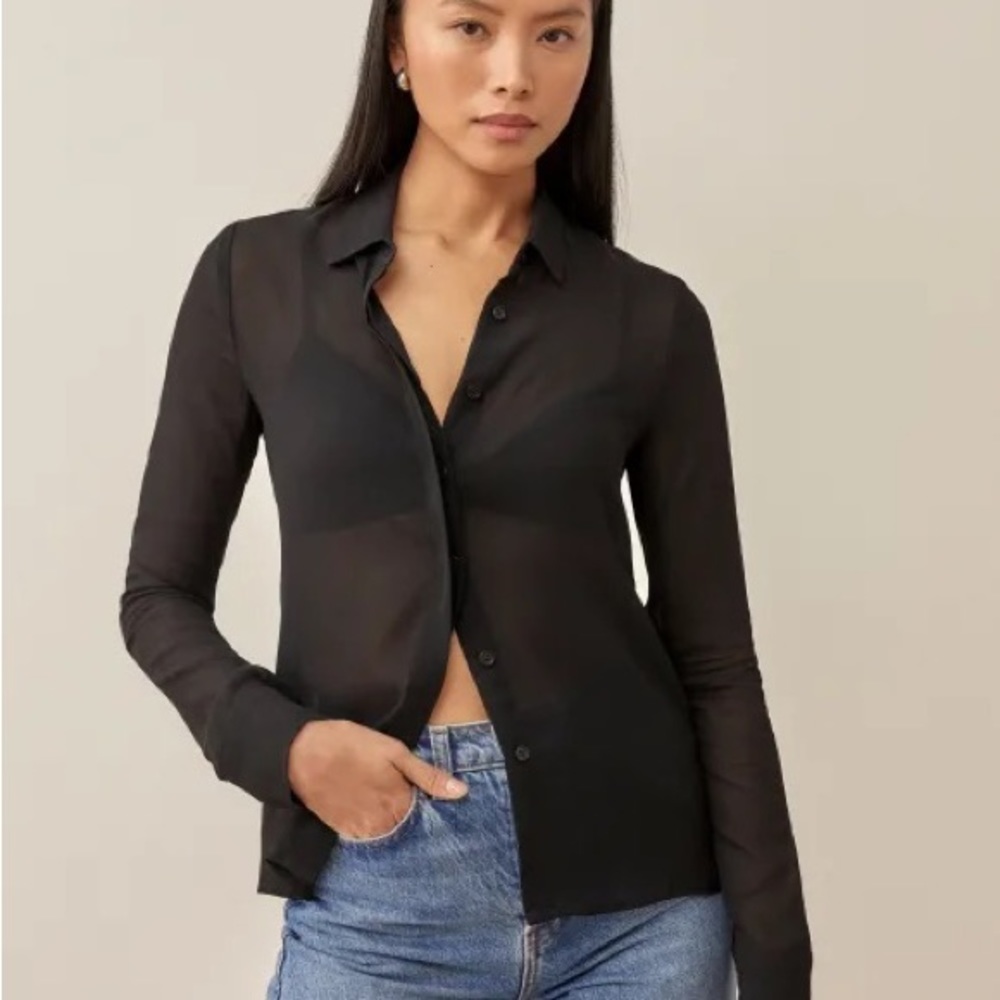 Reformation Black Semi-Sheer Button-Down Shirt